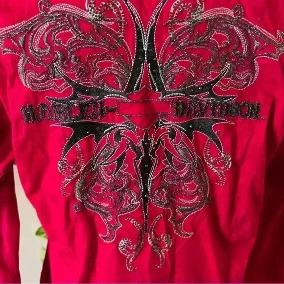 Harley Davidson Embroidered Red Collared Blouse - Size Medium - Picture 2 of 8